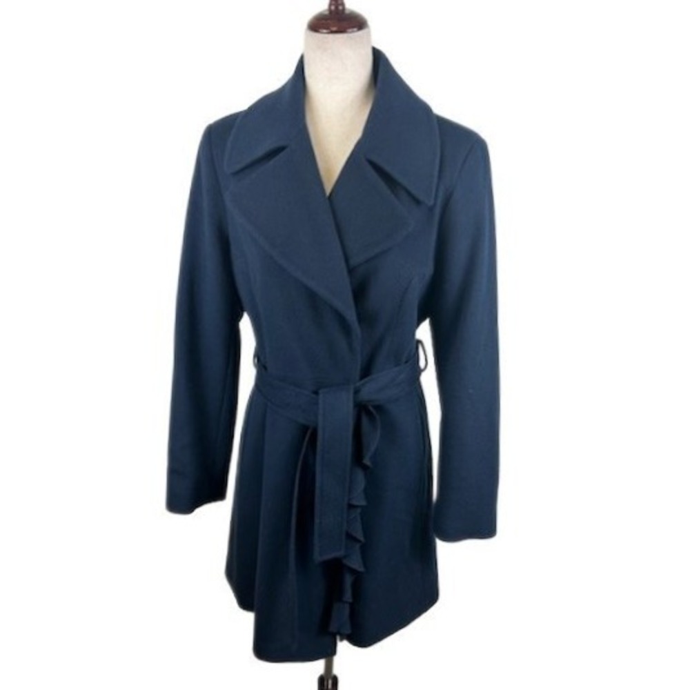 Chic Tahari Galaxy Navy Blue 100% Wool Belted Pea Coat Lined Ruffle Trim Size 8